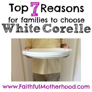 young child holding a stack of white corelle plates