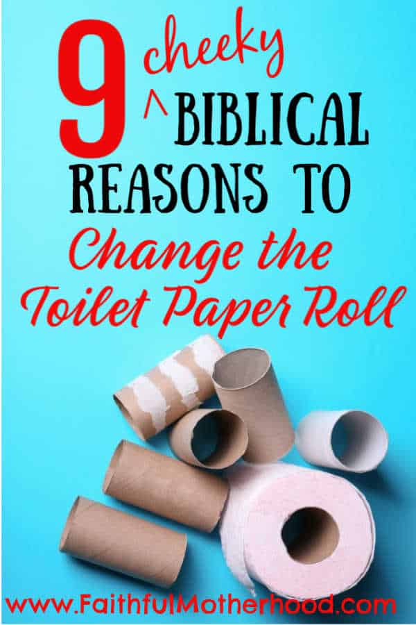 Blue background with empty toilet paper rolls. Title: 9 Cheeky Biblical reason to change the toilet paper roll.