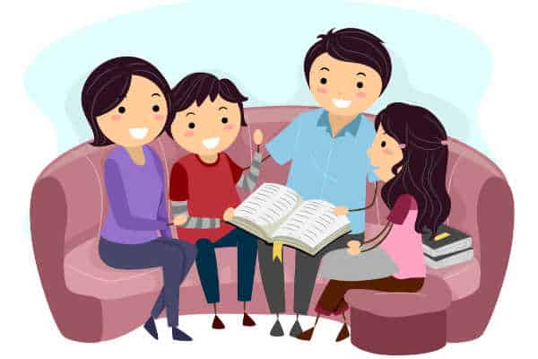 Drawn family having family devotions and Bible study
