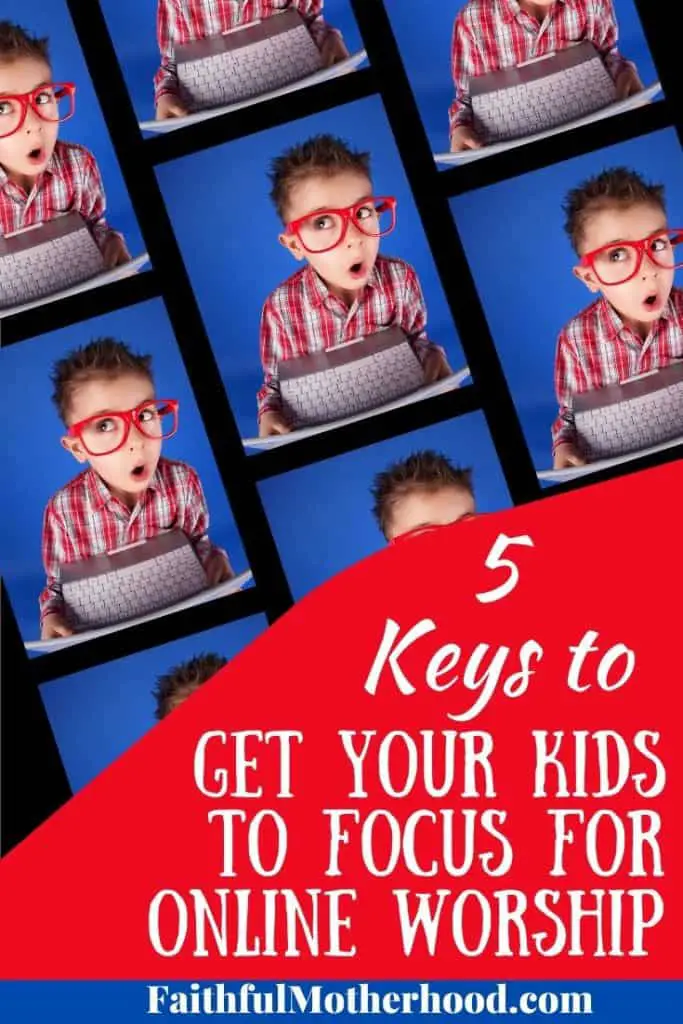 Funny Little boy with computer - title - get kids to focus for online worship