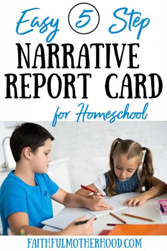 little girl and little boy doing homeschool at table - title 5 easy steps narrative report card for homeschool 