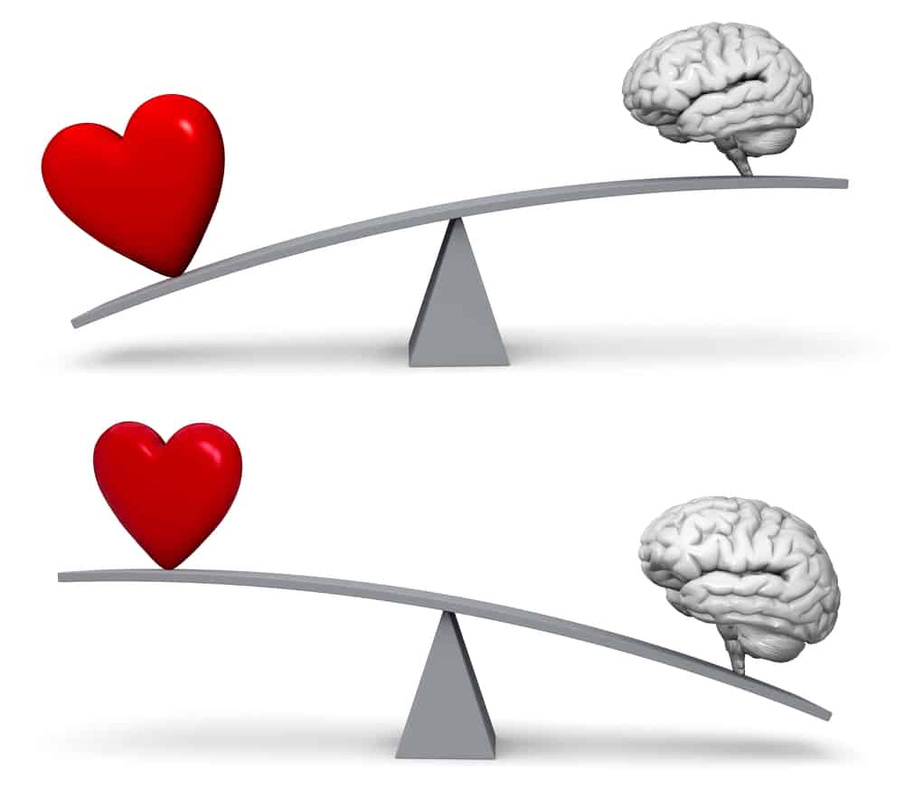 Wesleyan Quadrilateral tension between experience and reason exemplified by a teeter tauter with a heart on one side and a brain on the other.  There are two examples one with the heart the highest and the other with the brain the highest. 