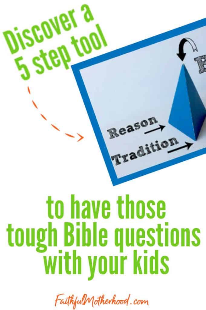 Picture of a Wesleyan Quadrilateral example on a white background with the title - Discover a 5 step tool to have those tough Bible questions with your kids