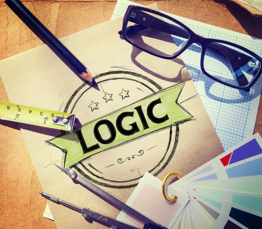 Logic and Reason are represented in the Wesleyan Quadrilateral.  This is a picture of a desk with eyeglasses, a measuring tape, and a piece of paper with Logic on it. 