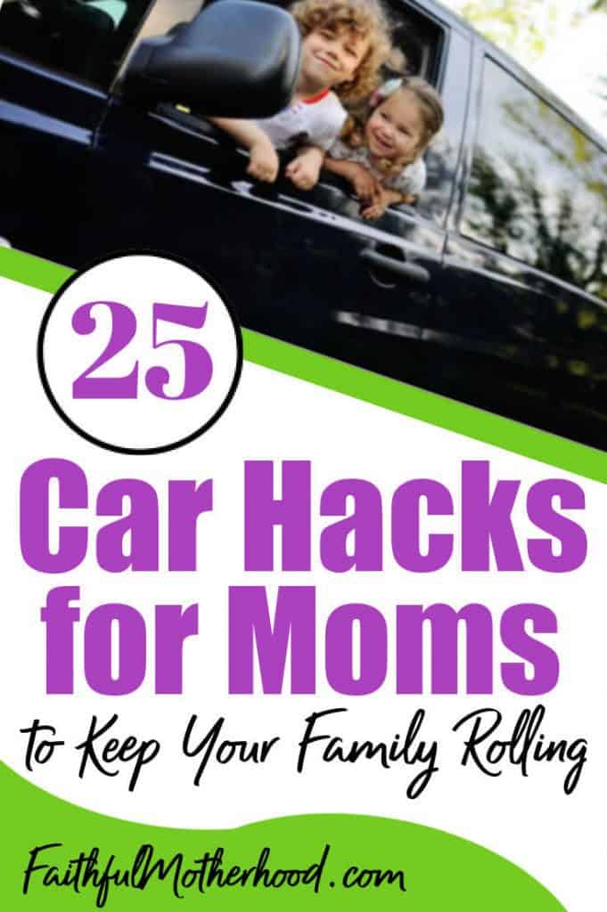 A little boy and girl hanging out the driver's side window smiling.  Title - 25 Mom Car Hacks to Keep Your Family Rolling 