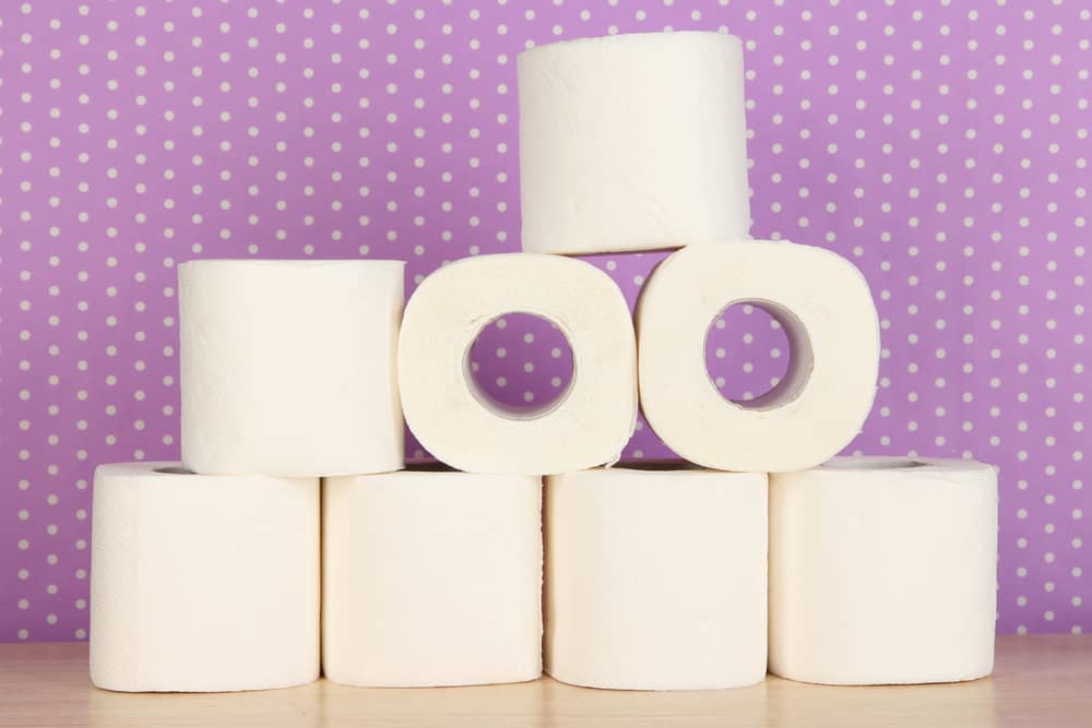 eight rolls of toilet paper stacked. Purple polka dot background.  Teach kids Good stewardship of a stash of toilet paper. 