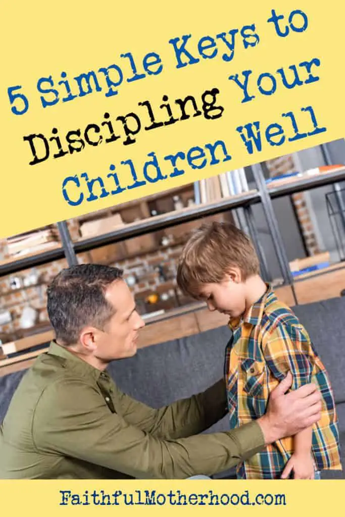 Dad talking earnestly to his young son in a living room. Title - 5 Simple Keys to Discipling Your Children Well