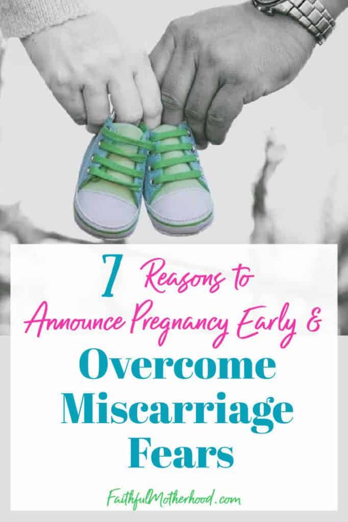 Man and woman holding a pair of baby shoes between them.  They are black and white, but the shoes are blue and turqouise.  It is a baby announcement photo inspite of miscarriage fears. Title - 7 Reasons to Announce Pregnancy Early & Overcome Miscarriage Fears