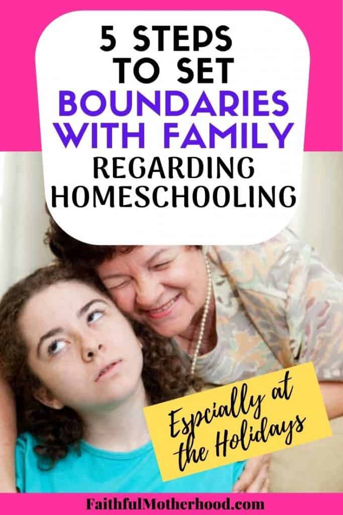 Annoying older relative hugging a disinterested teen. Title - 5 steps to set boundaries with family regarding homeschooling - especially at the holidays