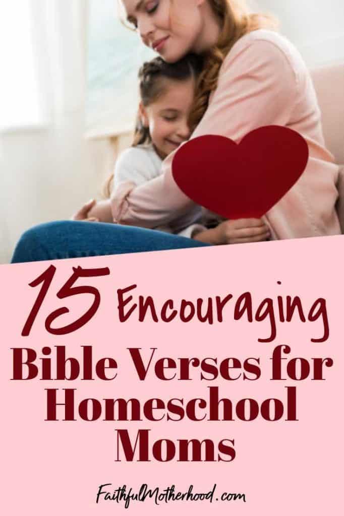 Mom sitting on a couch, hugging her daugther.  The daughter is holding a big red heart.  The mom has a serene look on her face - perhaps because she has bible verses for homeschool moms that she meditates on.