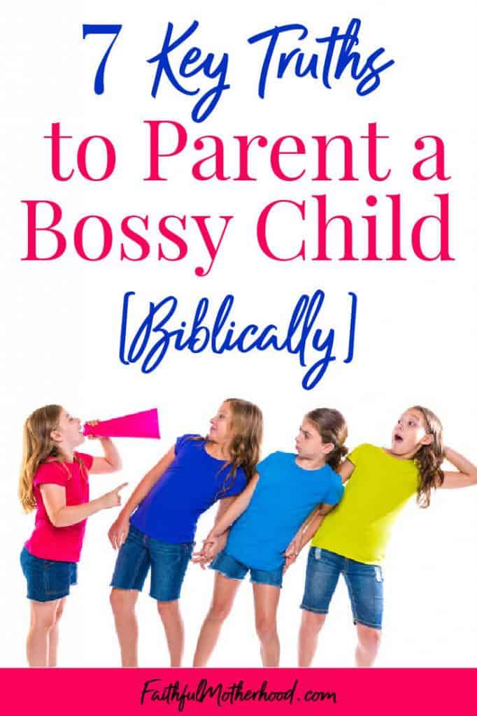 little girl yelling in a megaphone at three other girls. colorful picture.  Title - 7 Key truths to Effectively Parent a Bossy Child [Biblically]
