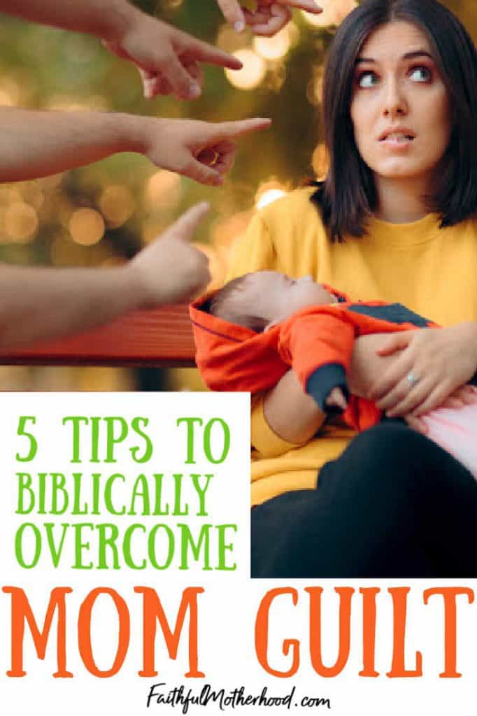 Mom holding baby on a park bench.  She is overcome with mom guilt because of all of the fingers pointed at her.  Title - 5 Tips to Biblically Overcome Mom Guilt