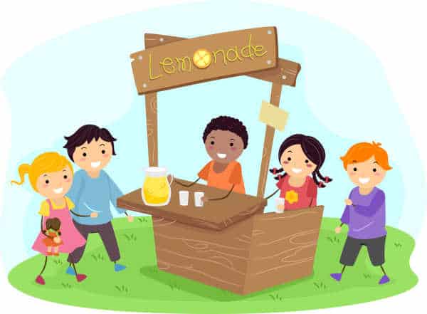 Illustration of a diverse group of children running a lemondade stand - preparing your homeschooler to be an entreprenuer