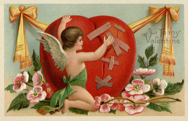 Vintage St Valentine's Day postcard with an angel patching up a heart. 