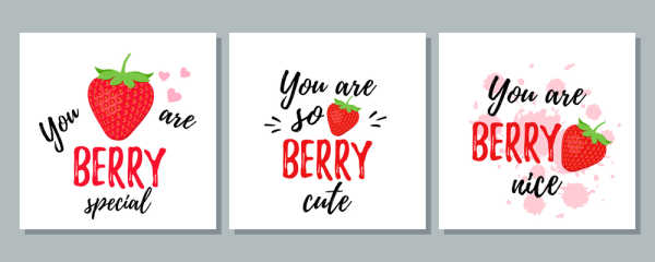 Trio of three St Valentine's Day cards with Strawberries.  You are berry special.  You are berry cute.  You are berry nice.  Faith Lessons for Valentine's Day. 