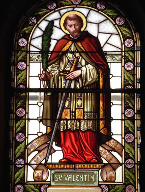 Stained glass window with image of St Valentine.  St Valentine is the real faith hero behind St Valentine's Day. 