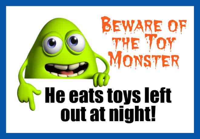 Green toy monster who eats toys left out at night on behalf of an unappreciated mom. 